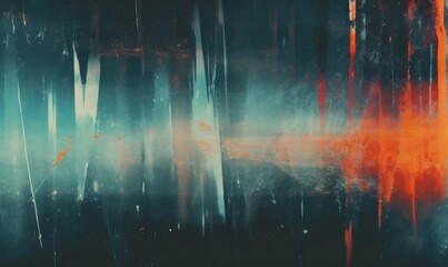 Wall Mural - Grunge abstract background. Damaged screen. Orange glitch noise on blue scratched texture with dust, Generative AI