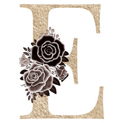 Wall Mural - Floral alphabet, gold letter E with watercolor flowers and leaf