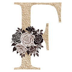 Sticker - Floral alphabet, gold letter F with watercolor flowers and leaf