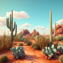 Hyper Realistic Hot Desert Background With Green Cacti And Blue Sky