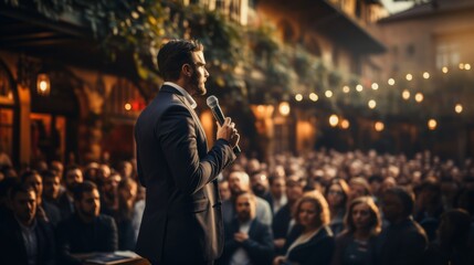 Back view of Man in business suit giving a speech on the stage in front of the audience