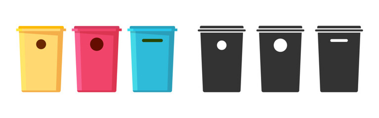 Poster - Recycling bin garbage trash can icon vector graphic pictogram set, separate segregate waste container box flat red blue yellow illustration, rubbish reuse basket eco dustbin image clipart