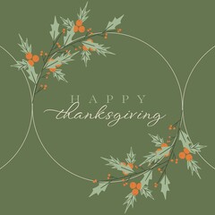 Composite of happy thanksgiving text over autumn leaves on green background