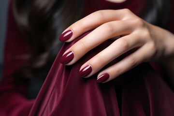 Wall Mural - Glamour woman hand with deep berry and plum nail polish on fingernails. Nail manicure with gel polish at luxury beauty salon. Nail art and design. Female hand model. French manicure.