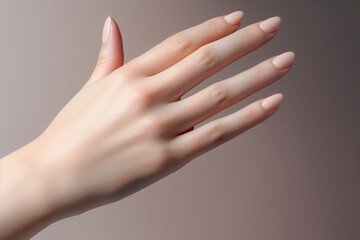 glamour woman hand with nude nail polish on her fingernails. nude shade nail manicure with gel polis