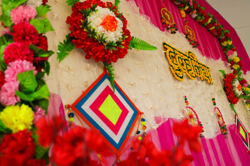 Wall Mural - Beautiful Indian wedding ceremony stage set in colors and entrance in red and floral patterns