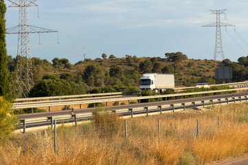 Wall Mural - Semi truck with Semi-trailer driving along highway. Goods Delivery by roads. Services and Transport logistics. Highway with transport, car and truck, road landscape. Road traffic on motorway.