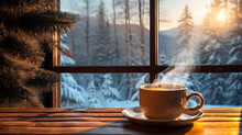 Cup Of Coffee On The Table In A Winter Cabin