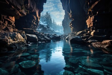 Wall Mural - River rapids surrounded by northern forest and mountains at morning 3D render. Beautiful nature landscape, scenic outdoor background, serenity and calmness.
