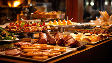 Buffet Dinner, Open Buffet with a very delicious varieties of barbecue , pastries , desserts. Generative Ai