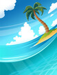 Tropical background with sea and palm tree. Summer sea background, blue ocean, sandy beach. Tropical island. Vector illustration