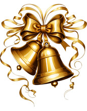 Golden Bells And Ribbons Illustration Isolated On White Background