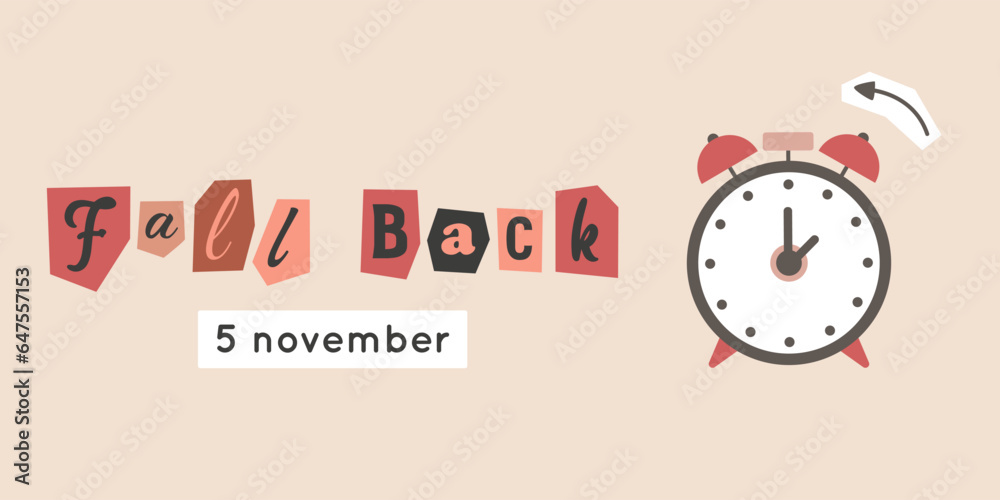 Fall back concept with alarm, collage arrow, magazine cut out text ...