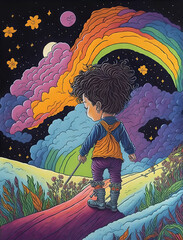 Wall Mural - boy walking along the rainbow path, Generative AI