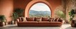 erra cotta sofa with a background of mountains view . contemporary living room with a farmhouse interior style. wide view, a panoramic view