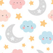 Moon, Sun, Cloud and Stars Cute Seamless Pattern, Cartoon Vector Illustration, Cute Kawaii Cartoon Drawn Background, Isolated Background