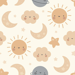 Canvas Print - Moon, Sun, Cloud and Stars Cute Seamless Pattern, Cartoon Vector Illustration, Cute Kawaii Cartoon Drawn Background, Isolated Background