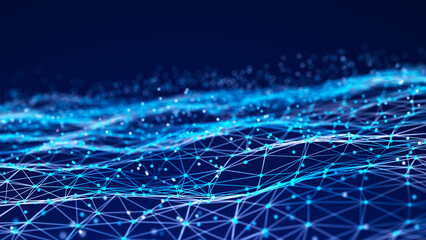 Poster - Sci-fi background. Digital wave with many particles. Template for festive presentation. 3d rendering