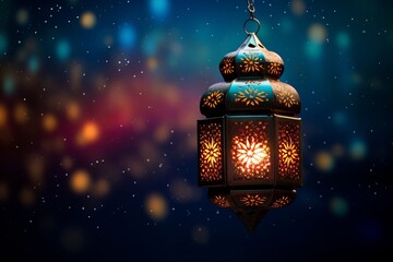 Wall Mural - A beautifully lit Diwali lantern hanging against a starry night sky.