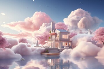 Canvas Print - abstract depiction of a modern luxury house surrounded by pink fantasy fluffy clouds