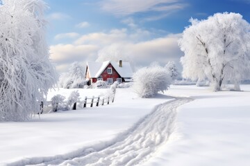 Wall Mural - A scenic countryside covered in a blanket of snow during winter. 