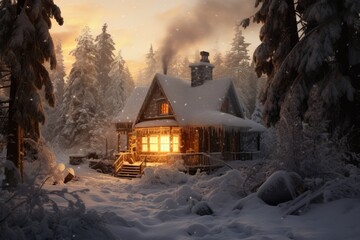 Wall Mural - Christmas night with a quaint, snow-covered cabin nestled in the woods. Its windows shimmer with the warm light of candlelit luminaries, creating a magical and peaceful holiday atmosphere