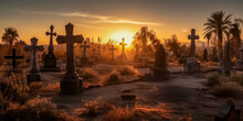 Sunset In A Spooky Cemetery On Halloween Night. Generative AI.
