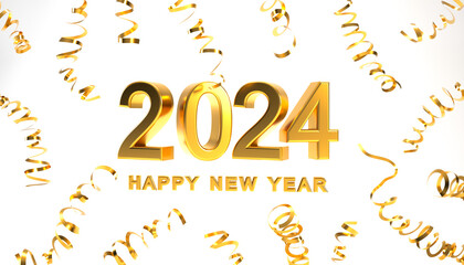  Gold 2024 3D text, happy new year concept with confetti isolated on white background