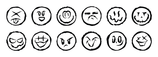 Wall Mural - Set of graffiti face spray paint vector. Collection spray face emotion of smile face, angry, sad, cunning, happy, funny, silly. Design illustration for decoration, card, sticker. banner, street art.