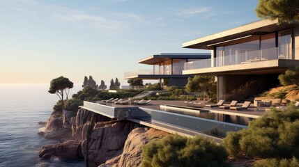 Wall Mural - A modern coastal home with a minimalist design, situated on a cliff overlooking the sea, complete with a chic outdoor lounge and expansive terraces for enjoying the coastal vistas.