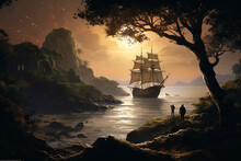 Sailing Ship In The Sea At Sunset. 3D Rendering.