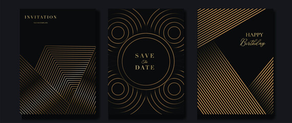 Wall Mural - Luxury invitation card background vector. Golden curve elegant, gold line gradient on dark color background. Premium design illustration for gala card, grand opening, party invitation, wedding.