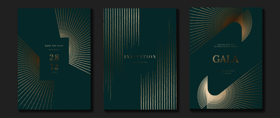 Wall Mural - Luxury invitation card background vector. Golden curve elegant, gold line gradient on green color background. Premium design illustration for gala card, grand opening, party invitation, wedding.