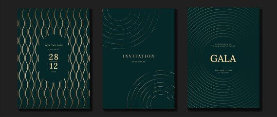 Wall Mural - Luxury invitation card background vector. Golden curve elegant, gold line gradient on green color background. Premium design illustration for gala card, grand opening, party invitation, wedding.