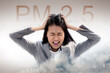 Portrait of stress Asian woman got headache with pm 2.5 concept background. Young Thai people over smog city suffering from headache desperate because pain, migraine from PM 2.5 dust and air pollution