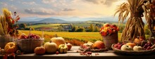 The Fall Harvest, With A Focus On A Basket Of Pumpkins, Apples, And Corn Set Against A Backdrop Of Fields, Trees, And A Clear Sky. Convey The Essence Of Thanksgiving's Agricultural Traditions.
