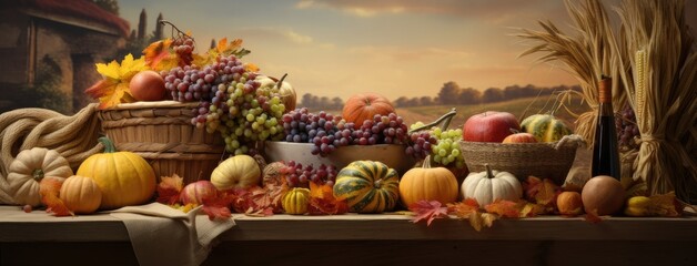 Wall Mural - the fall harvest, with a focus on a basket of pumpkins, apples, and corn set against a backdrop of fields, trees, and a clear sky. Convey the essence of Thanksgiving's agricultural traditions.