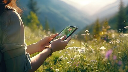 a woman's hands using a mobile phone against a scenic natural background, highlighting the convenience of staying connected while enjoying nature.