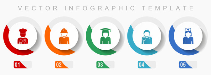 Poster - Human resources icon set, miscellaneous icons such as chef, worker, student, doctor and nurse, flat design vector infographic template, web buttons in 5 color options