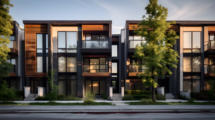 Wall Mural - Appreciate the architectural detailing that sets modern townhouses apart. The photograph highlights unique design elements such as geometric shapes, materials.