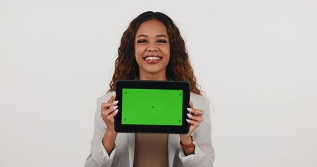 Aufkleber - Tablet screen, mockup and technology advertising with woman in studio, green screen and tracking marker. Website ads, logo design and UX with app, digital brand and contact for communication