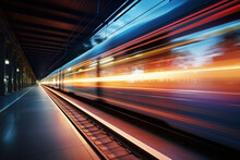 Train Passing By With Long Exposure Trails Of Light And Dynamic Movement,