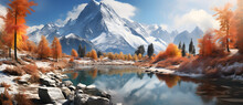 This Is A View Of A Beautiful Snowy Mountain Range With A Lake And Colorful Trees