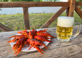 Wall Mural - Lobster on plate on a wooden table. Crawfish Snack to beer. Crayfish Beer snack dish. Boiled crawfish, red clayfish eat. Fresh cooked Crawfishes.