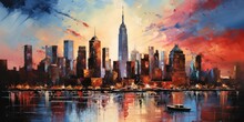 Abstract New York City Panorama View In Painting Style, Wall Art Poster With American City