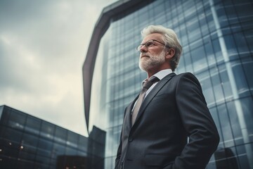 A businessman wearing suit standing front of modern office building.