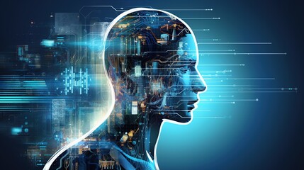 Anatomy human face with digital circuit technology. AI generated