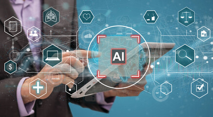 Poster - Global business, Digital transformation management of Artificial Intelligence (AI), internet of things (IOT), Businessman hand holding global network, futuristic technology background