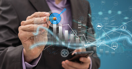 Poster - Businessman analyzing company financial balance sheet working with digital virtual graphics Businessman calculating financial data for long term investment growth goals, vertical 