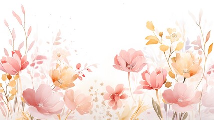Wall Mural - Luxurious watercolor flowers and twigs, pink, gold, lilac spots and flowers on a white background.